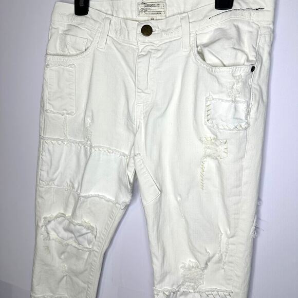 Current/Elliott The Fling White Moto Distressed Slim Boyfriend Patch Jeans 28 - Picture 3 of 10